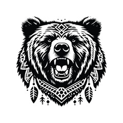 grizzly bear in bohemian black and white silhouette illustration