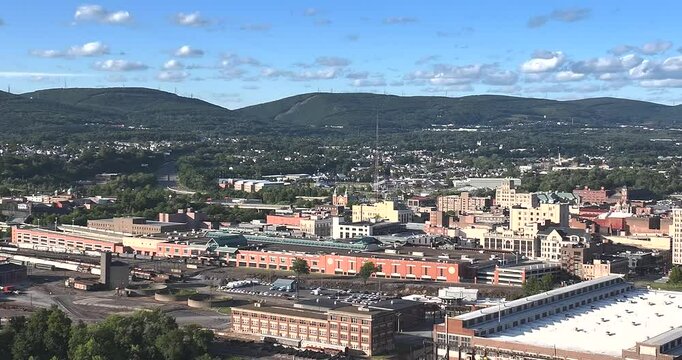 Late summer, early fall aerial, drone, video of the Scranton Pennsylvania skyline.  September 2024.