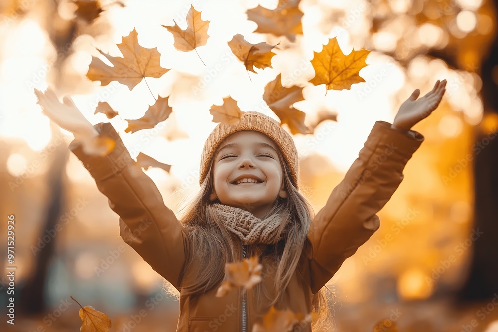 Wall mural Happy child girl throw up the autumn leaves in the park