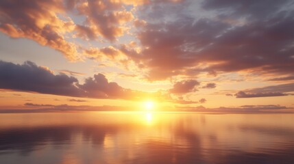 Fototapeta premium A sun-set scene over a vast expanse of water, topped with clouds in the sky