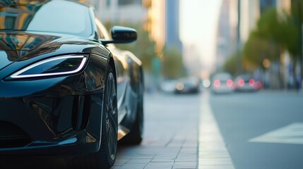  A tight shot of a car parked by the curb, roadside Buildings line the background