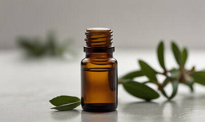 Amber Glass Bottle of Essential Oil Surrounded by Fresh Green Leaves on a Light Background