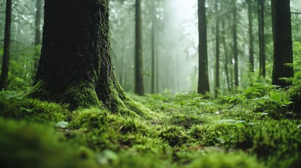  A lush green forest teeming with numerous trees and abundant moss growing on forest floor sides