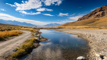 Fototapeta premium A desert river, framed by a mountain range backdrop, flows beneath a blue sky adorned with white clouds