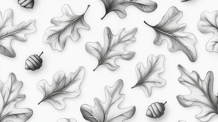 Fototapeta premium An elegant pencil pattern of oak leaves and acorns, repeating with gentle pencil textures and fine linework