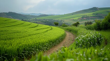  A dirt path through a verdant meadow, bordered by undulating hills and trees beyond