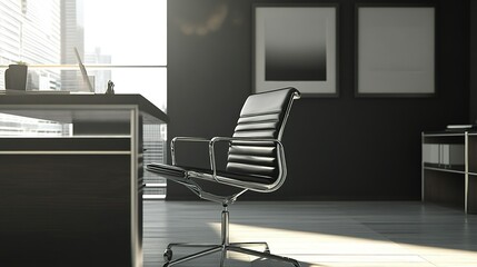 A modern office interior featuring a stylish black chair and a sleek desk bathed in natural light during the afternoon