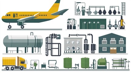 Illustration of an airport fuel system with an aircraft, storage tanks, pipelines, and service vehicles