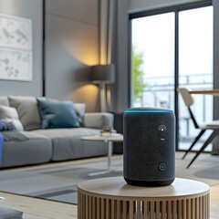 Naklejka premium Smart Home Assistant on Speaker Controlling Automated Living Room Convenience