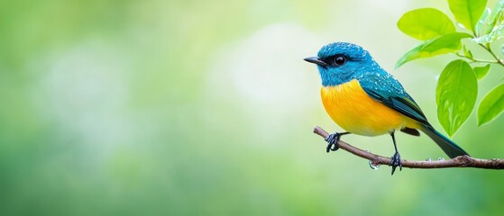 Obraz premium A small blue-and-yellow bird perches on a tree branch, surrounded by green leaves The background is softly blurred