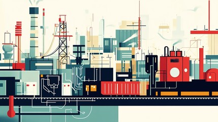 Obraz premium Abstract industrial landscape featuring tall structures, machinery, and piping against a simple backdrop during daylight hours