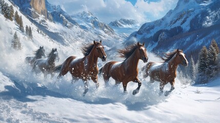 Obraz premium A Herd of Horses Running Through Snowy Mountains