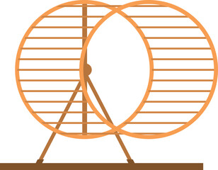 Orange double hamster wheel standing on a wooden platform