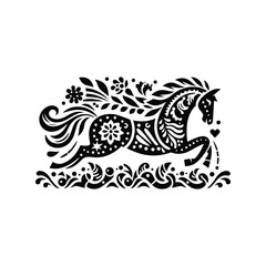 Horse in folk art black and white silhouette illustration