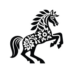 Horse in folk art black and white silhouette illustration