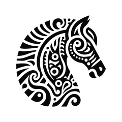 Horse in folk art black and white silhouette illustration