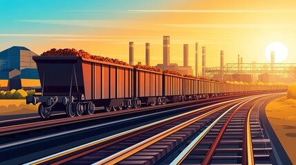 Fototapeta premium Coal trains transporting cargo at sunset near industrial landscape with power plants and tracks