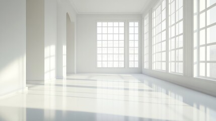 Fototapeta premium Empty room, clean white floor, white walls, generative ai
