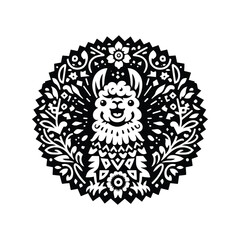 Llama in folk art black and white silhouette illustration