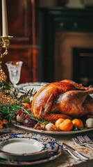 A beautifully roasted Thanksgiving turkey on decorated table, surrounded by festive garnishes