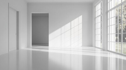 Fototapeta premium Empty room, clean white floor, white walls, generative ai