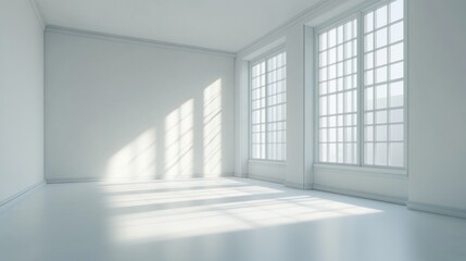 Fototapeta premium Empty room, clean white floor, white walls, generative ai