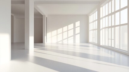 Obraz premium Empty room, clean white floor, white walls, generative ai