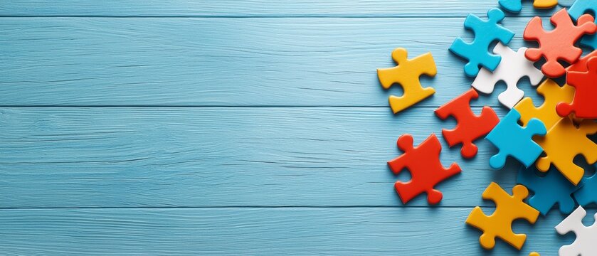  A collection of vibrant puzzle pieces atop a blue wooden table, accompanied by a stack of additional colored pieces nearby