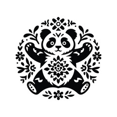 Fototapeta premium panda in folk art black and white silhouette illustration