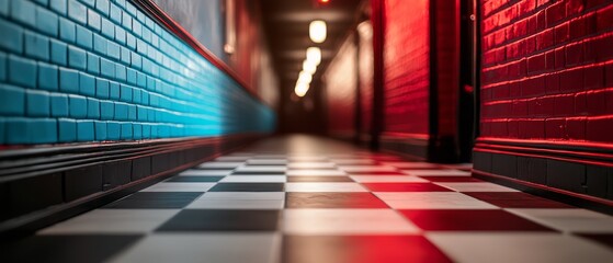 Two checkered floors, one black and white, the other unspecified; a red and blue wall