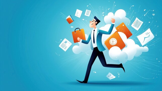 A salesperson managing a high-stress environment with a calm, focused expression while juggling multiple tasks., design illustration