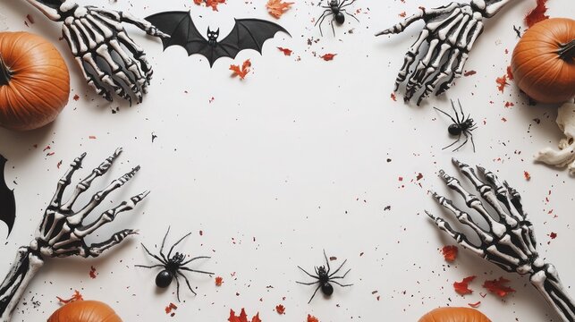 Flat lay of skeleton hands holding pumpkins, skull, bat silhouettes, spiders, cockroaches, centipedes, and confetti on a white background with copy space in the center - Powered by Adobe