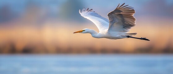  A white bird flies over a body of water, its wings spread out