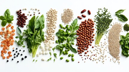 Fototapeta premium A Flat Lay of Various Legumes and Greens, White Background, Top View, Food Photography, Legumes, Greens, White Background