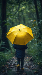 A child holding yellow umbrella walks through lush, rainy forest