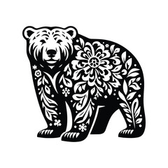 Fototapeta premium Polar bear in folk art black and white silhouette illustration