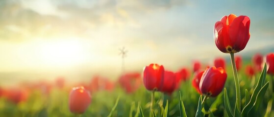 Fototapeta premium A red tulip field under sunny skies, sun breaking through clouds
