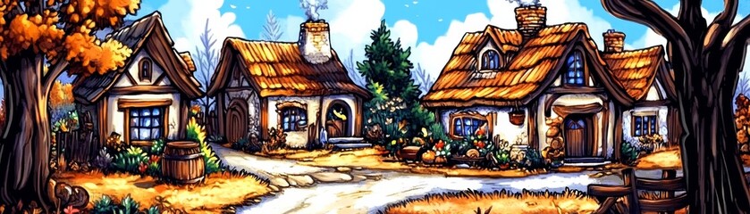 Obraz premium A Painter's Dream of a Quaint Village, Oil Painting, Three Houses, Fall Colors, Cottagecore, Village Life , quaint