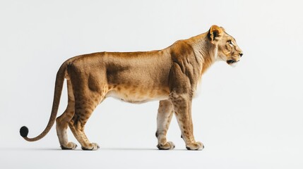 Obraz premium A Lioness Standing Profile on a White Background