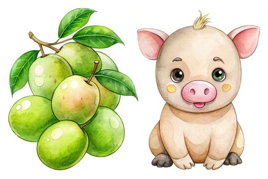 Delicate vector lines give way to an edgy Spondias mombin, a Hog Plum, as whimsical as a watercolor painting with soft, blended colors.