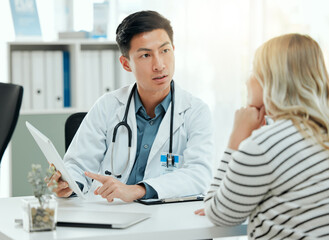 Hospital, tablet and doctor with woman for consulting, medical service and online diagnosis. Healthcare, clinic and person talking to patient on digital tech for results, insurance and wellness