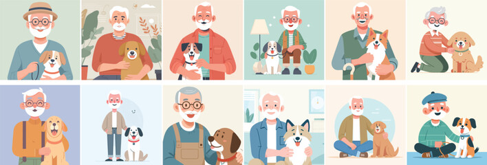 vector set of grandfather and dog with a simple and minimalist flat design style