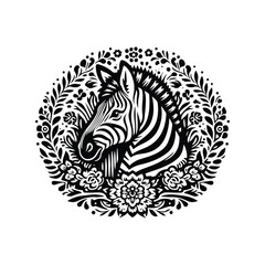 Zebra in folk art black and white silhouette illustration