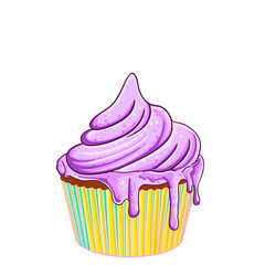 cupcakes or muffins icon. Colorful dessert with cream, chocolate, cherries and strawberries. Multicolor cute cupcake sign for flyers, postcards, stickers, prints, posters, decorations.
