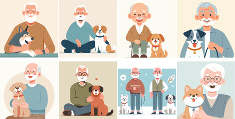 vector set of grandfather and dog with a simple and minimalist flat design style