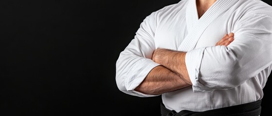 Fototapeta premium A man in a white shirt, black pants, and crossed arms wears a black belt He stands against a black backdrop