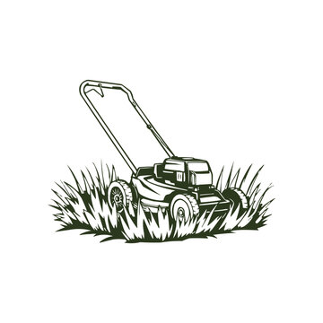 Lawn mower logo on white background. Logo featuring a man mowing the grass for brand. Suitable for landscaping, gardening, outdoor services, lawn care businesses.