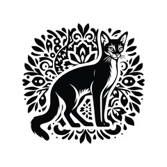 Abyssinian cat in folk art black and white silhouette illustration