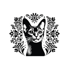 Abyssinian cat in folk art black and white silhouette illustration