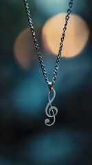A close up of music note pendant hanging from necklace, beautifully crafted